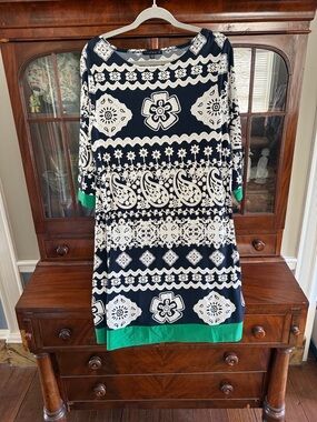 Tiana B. Navy & White Paisley Shift Dress with Green Trim